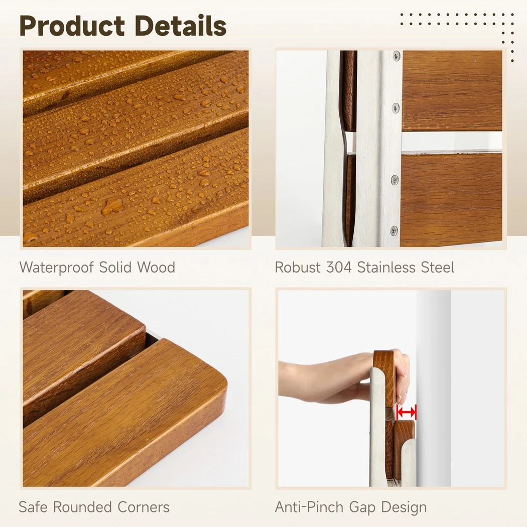 Folding Shower Seat Wooden Shower Bench Wall Mounted Fold Down Home Care Chair Bench For Pregnants Seniors Load 440lb