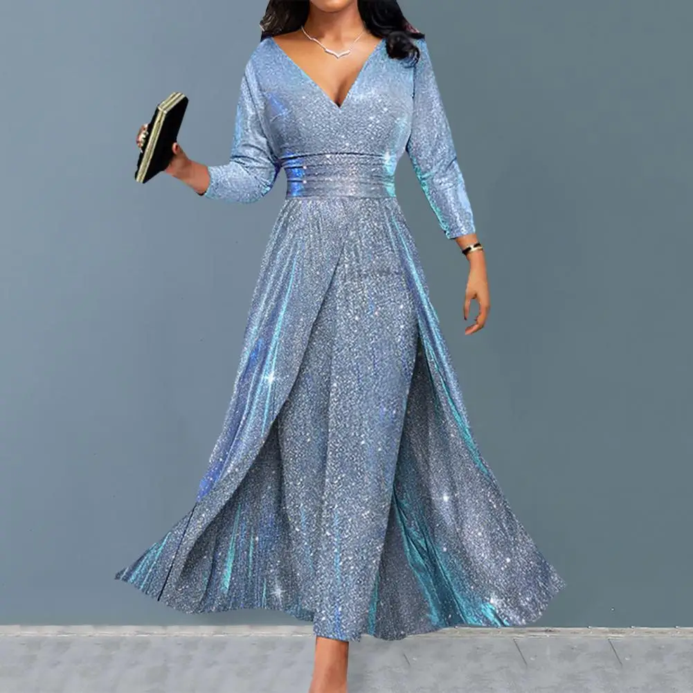 

Spring Autumn Jumpsuit Sparkling Sequin Gown Jumpsuit V-neck Romper with Long Sleeves High Waist Elegant Hem for Banquets