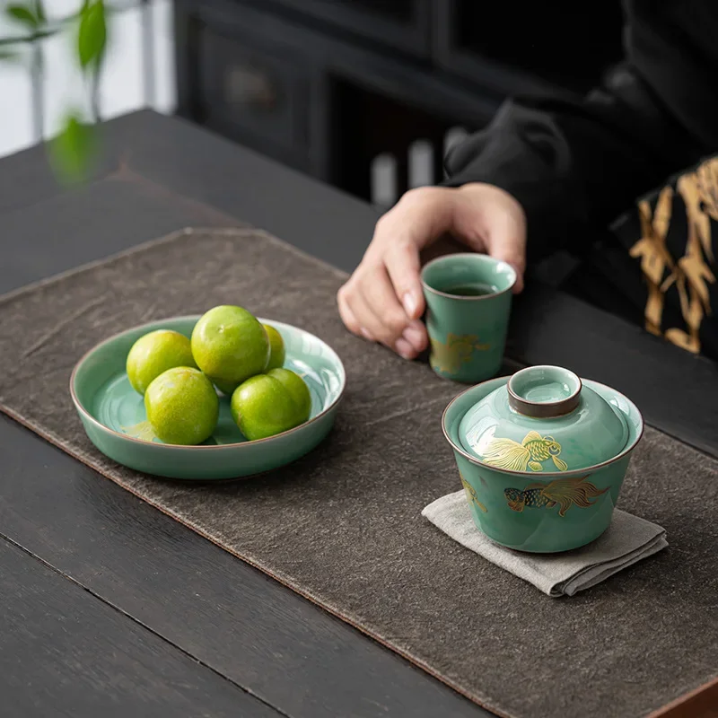 Lucky Celadon Vintage Lotus Butterfly Tureen Gaiwan Small Size Tea Brewing Bowl with Kettle Support Celadon Hand Drawn Goldfish