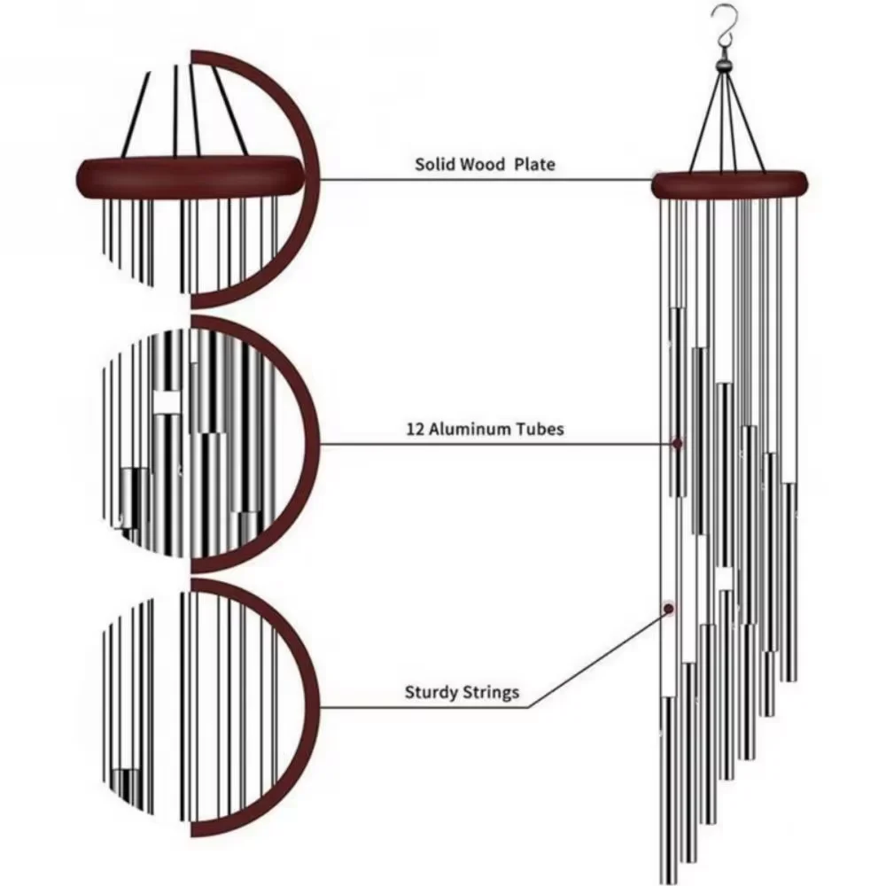 Wind Chime 12 Tubes Classic Step By Step Rotating Multi-Tube Metal Aluminium Tube Wind Chime Creative Home Hanging Ornaments Jewelry