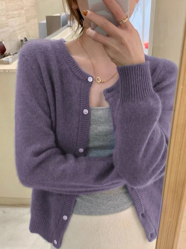 2026 Korean Knitted Cardigan Women's Autumn Winter Fashion O-Neck Versatile Slimming Basis Sweater Long Sleeve Vintage Y2k Tops 4