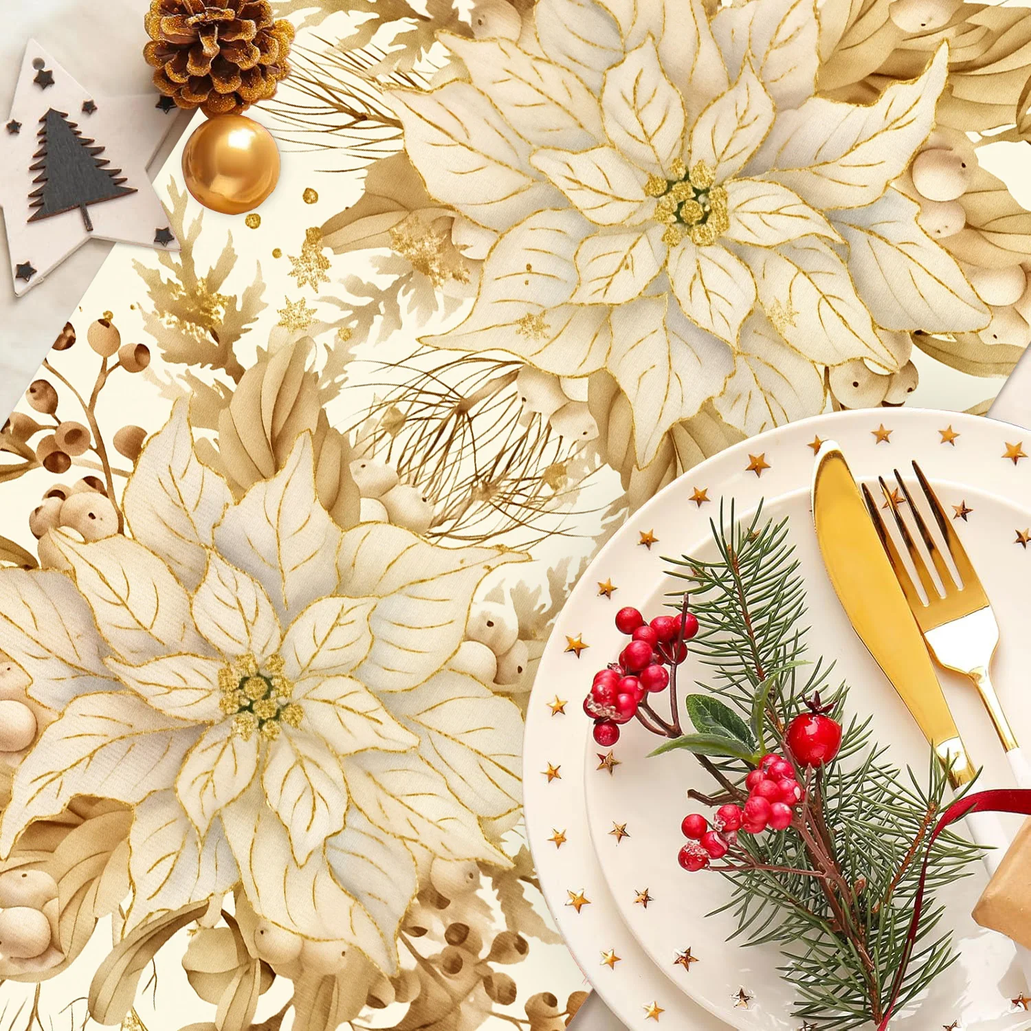 Weihnachtlicher Tischläufer aus Polyester/Leinen in Gold – ideal für Weihnachtsfeiern, Partys, Schneemann-, Elch- und Blumendekoration, winterliche Tischdekoration, Geschenkidee_voghion.com