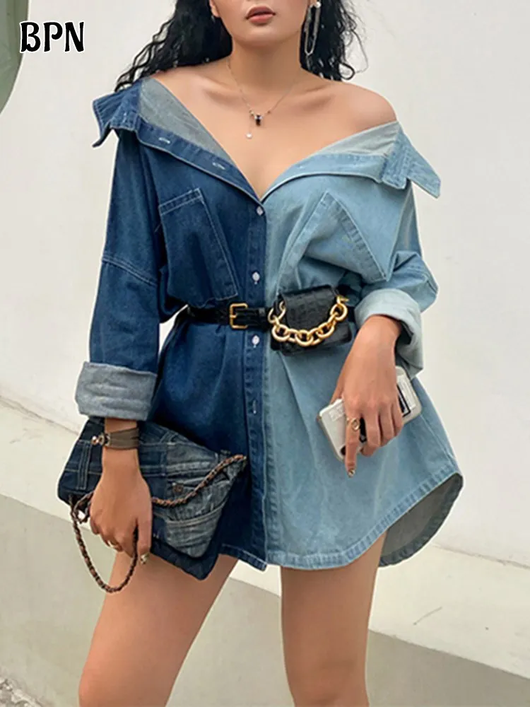 

BPN Hit Color Denim Shirt For Women Lapel Long Sleeve Casual Loose Backless Single Breasted Spliced Pocket Shirts Female Fashion