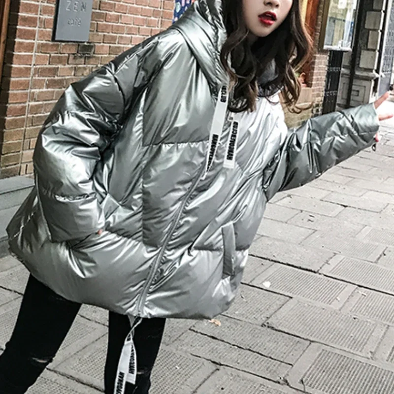 

New Winter Glossy Bright Down Parkas Loose Casual Autumn Warm Thickening Women Jackets Female Hooded Coats Solid Zipped Jacket