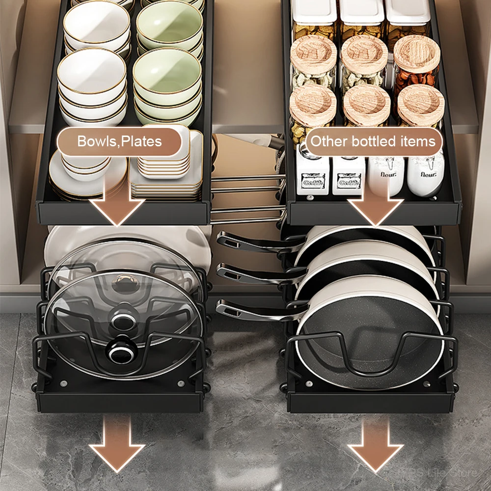 Pull out Pots and Pans Organizer Sliding Pot Lid Holder Kitchen Spice Rack Tableware Organizer Multifunctional Dish Drying Racks 3