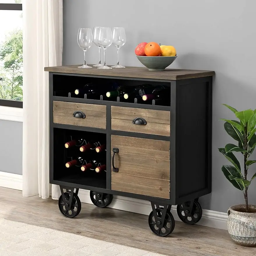 

Black and Brown Bar Cart, Slim Kitchen Serving Cart and Coffee Cart with Storage for Liquor and Glasses, Wood, Farmhouse