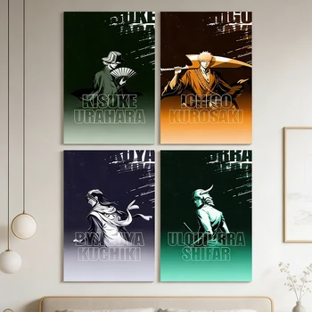 Poster su Tela Anime Bleach con Personaggi: Kisuke Urahara, Ichigo Kurosaki, Byakuya Kuchiki, Ulquiorra Shigarai - Decorazione Moderna per Casa e Sala Giochi