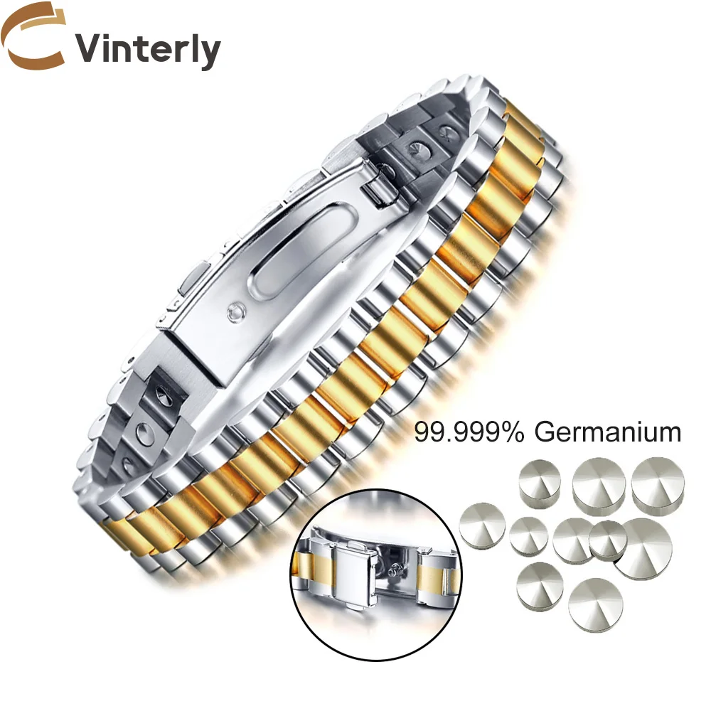 

Vinterly 99.99% Pure Germanium Bracelet for Men Women Health Energy Bracelet Men Stainless Steel Gold-color Chain Bracelets Men