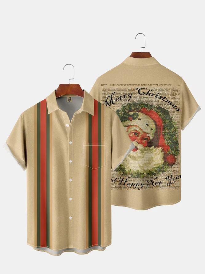 New Christmas Print Men Shirts Casual Vinatge Color Short Sleeve Hawaiian Shirt with Chest Pocket Loose Breathable