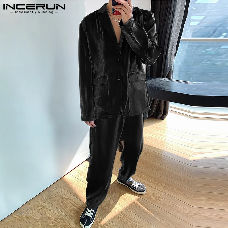 Casual Simple Style Sets INCERUN New Men's Long Sleeve Suit Coat Long Pants Fashion Flash Fabric Solid Two Piece Sets S-5XL 2023