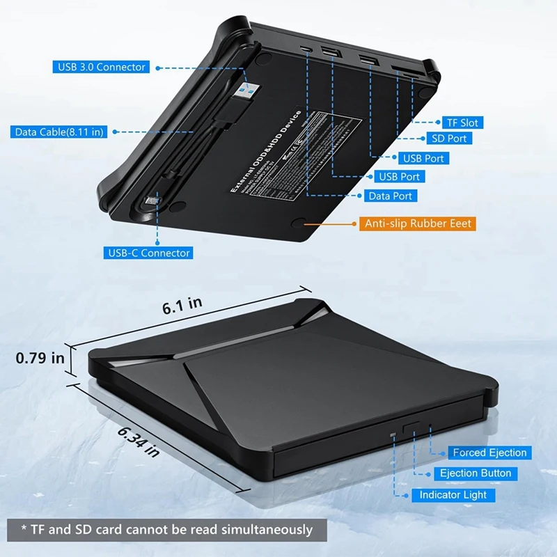 A33Q-External DVD Drive, USB 3.0 Type-C, Portable CD DVD Burner With Dual USB Ports And Card Slots