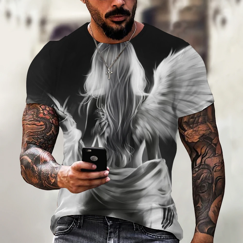 

Mens T- Shirts Vintage 3D Angel Print Sweatshirt Casual Loose Short Sleeve Tops Tees Oversized T-Shirt For Men Clothing Camiseta