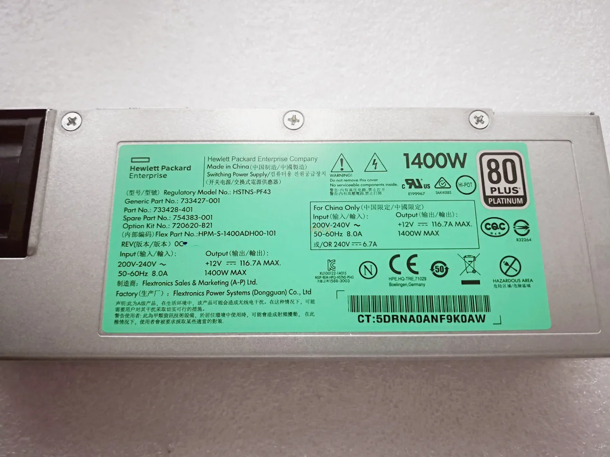 1pc 1400W 전원 공급 장치 720620 -B21 733427 -001 754383 -001 733428 -001 HP DL380 DL 360 DL388 G9 HSTNS-PD43 DPS-1400CB용
