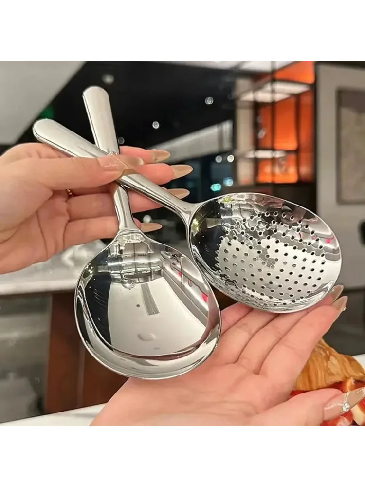 1Pc Stainless Steel Ladles For Serving Soup Rice Serving Spoon Drain Hole Heat Insulated Handle Kitchen Utensils For Daily Use