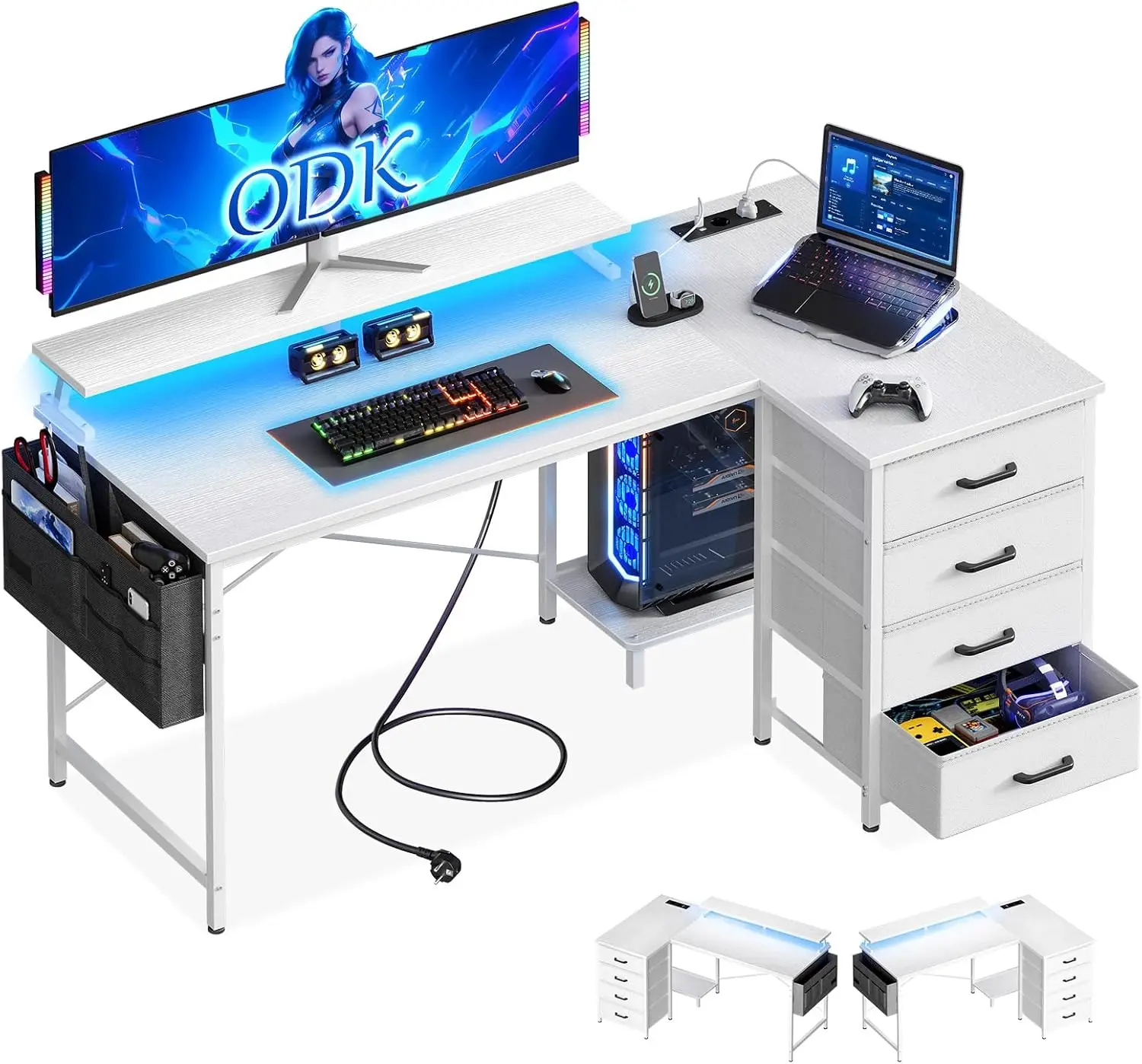 Biurko narożne Coleshome białe z 4 szufladami, 2 gniazdami elektrycznymi i 2 portami USB do ładowania, 140x80cm, białe