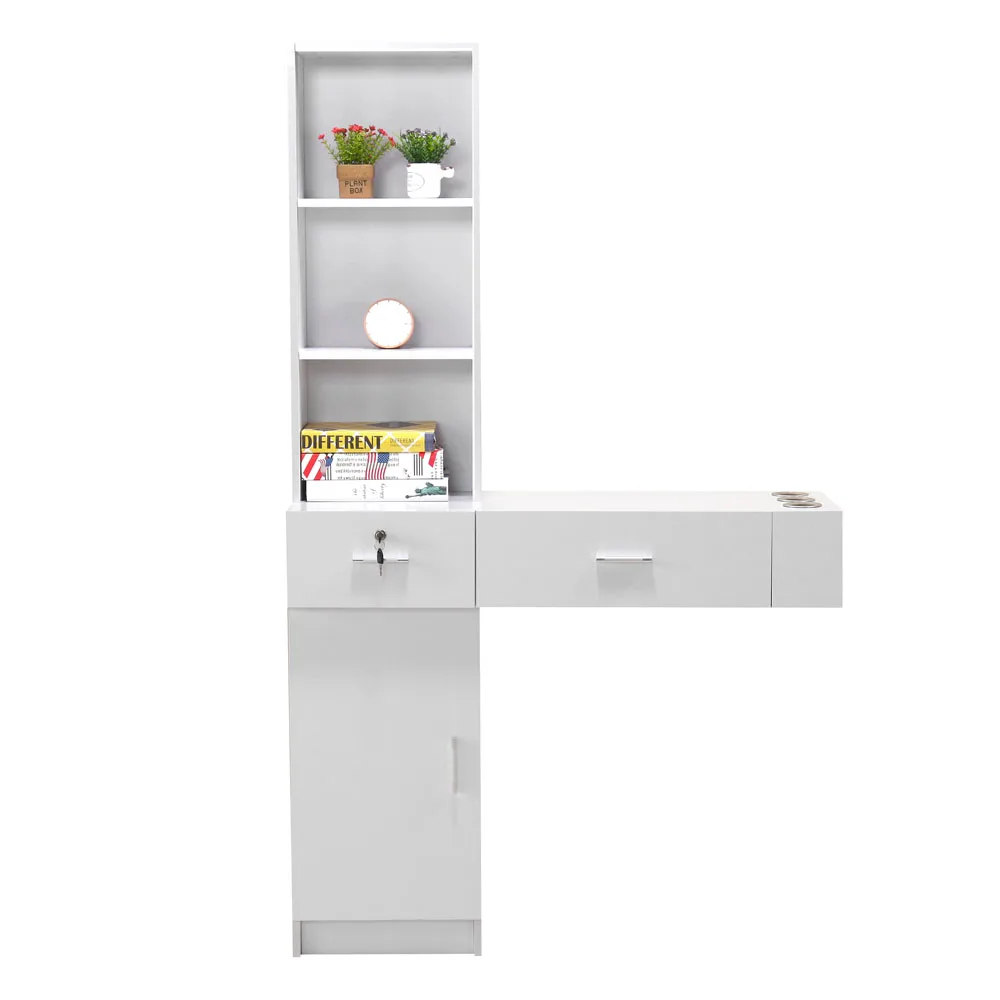 Wall Mount Beauty Salon Spa Mirrors Station T-Shape Hair Styling Station Desk with 2 Drawers 1 Door 3 Shelves White/Black/Red