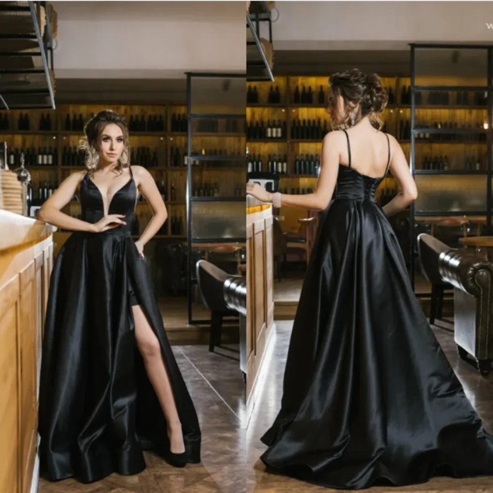 

Sexy Black A-line Evening Dress Spaghetti Strap High-split Sleeveless Custom Prom Dress Sweep Train Ruched Long Party Gown Cheap