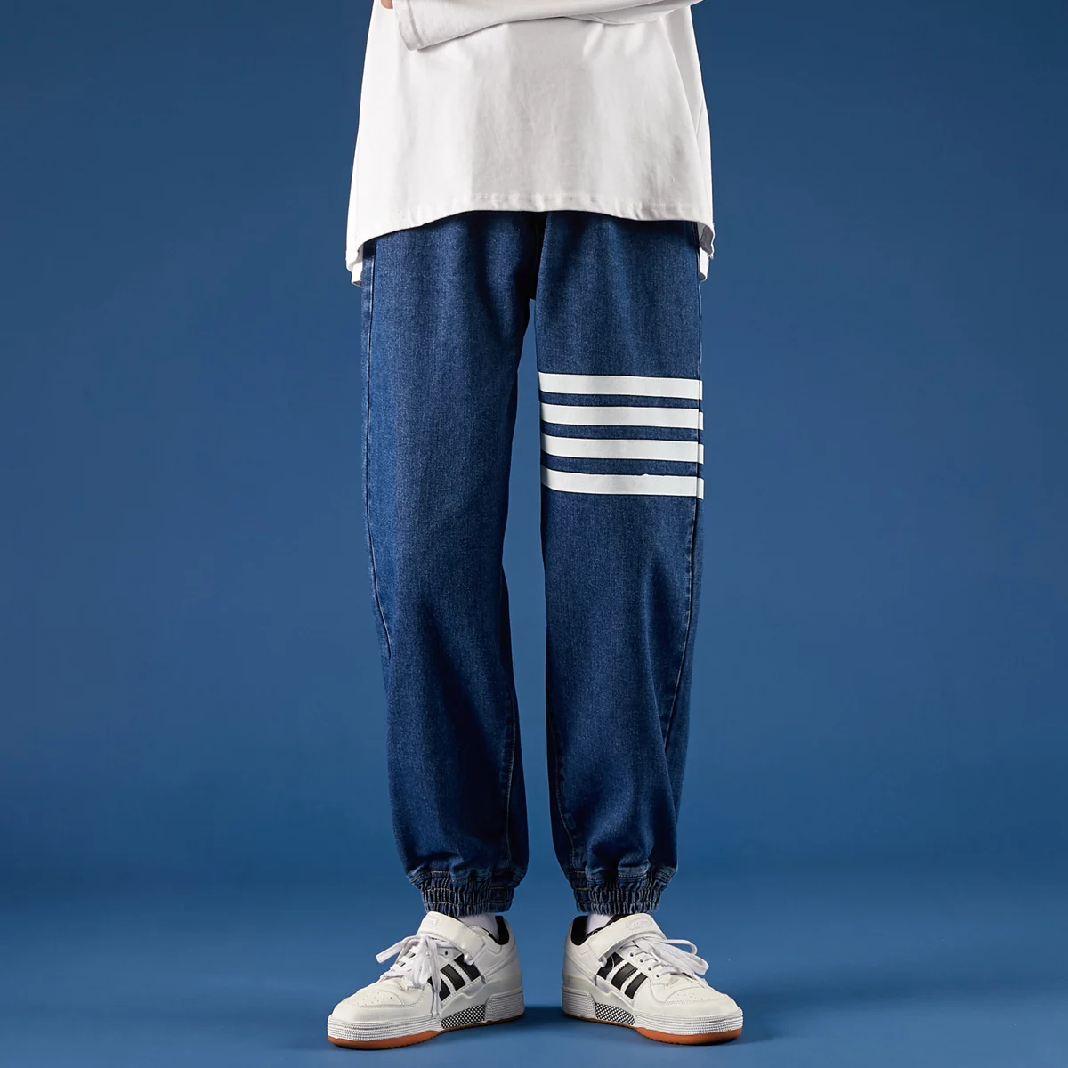 

Drawstring printed elastic waist jeans for men's autumn and winter straight leg loose pants in large casual wide leg long pants