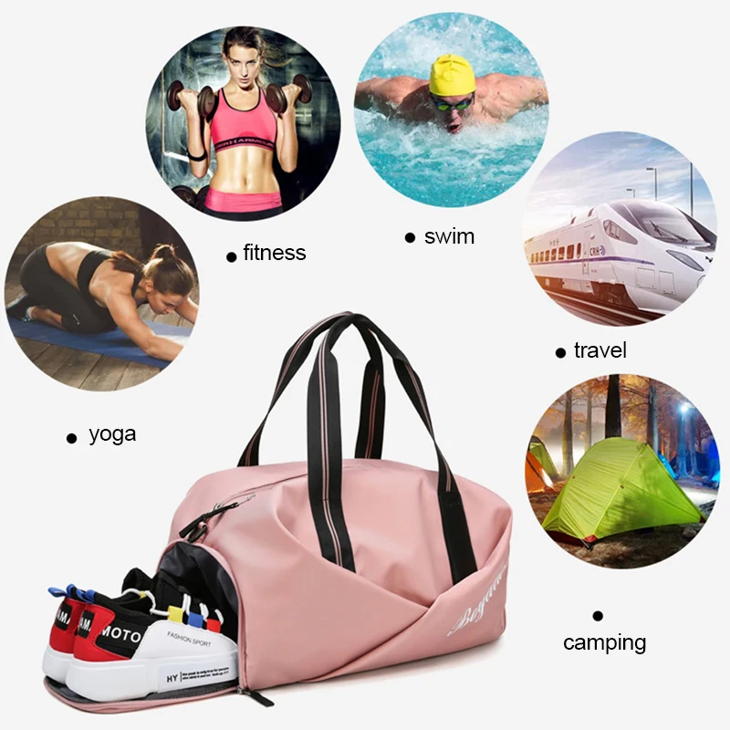 Women's Sports Fitness Bags Outdoor Waterproof Dry Wet Separation Handbags for Women Yoga Training Gym Ski Shoes Bag Pink