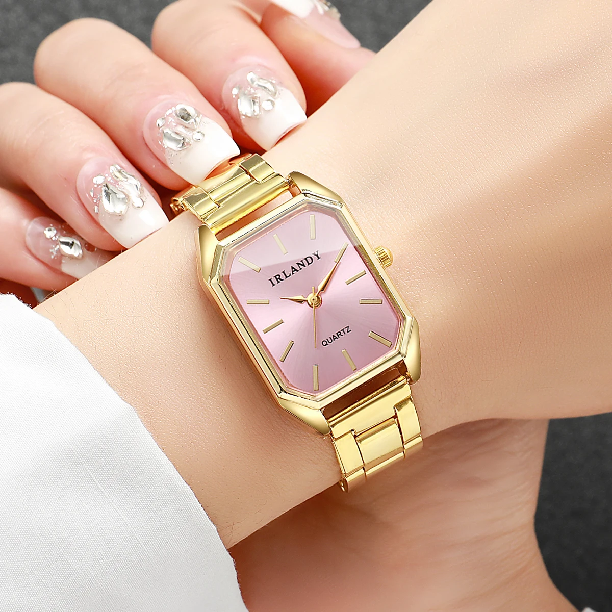 2 uds. Reloj de cuarzo rectangular a la moda para mujer, conjunto de pulsera con diamantes de imitación, relojes de pulsera elegantes para mujer, reloj femenino (sin caja)