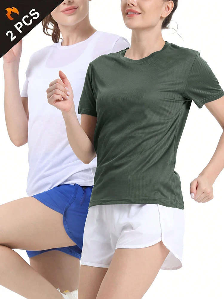 2Pcs Women's Solid Color Ultralight Quick Dry Sport T-Shirt, Breathable Lightweight Top For Fitness Training Workout Running Gym 2