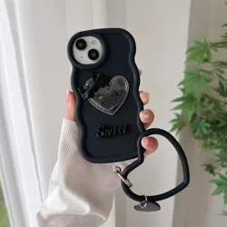 Charming 3D Heart Silicone Phone Case - Soft Curly Wave Design - Galaxy S22 (Black)