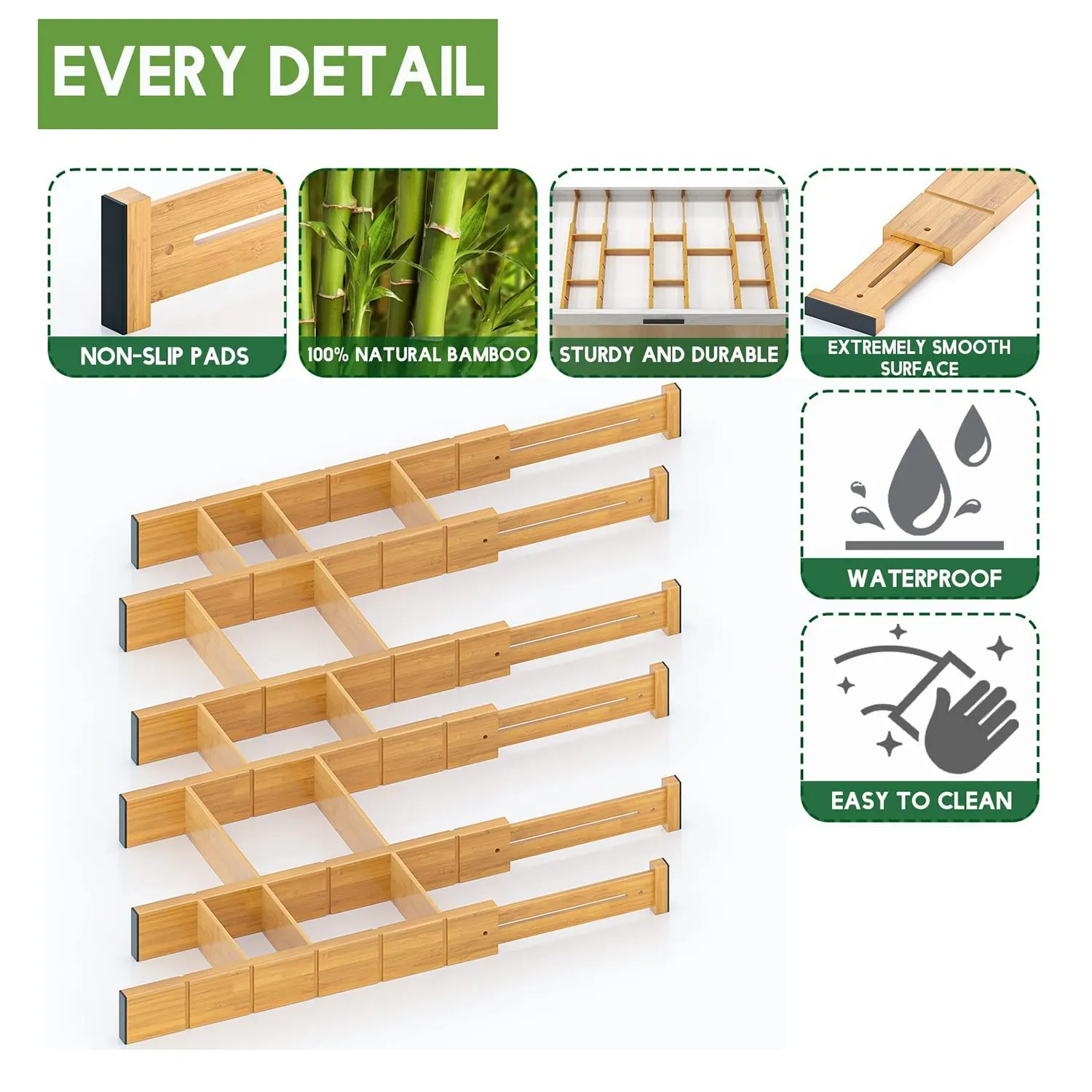 6x Bamboo Drawer Dividers with 12 Inserts,16.3-22Inches,Expandable Kitchen Drawer Organizer,Adjustable Drawer Separators