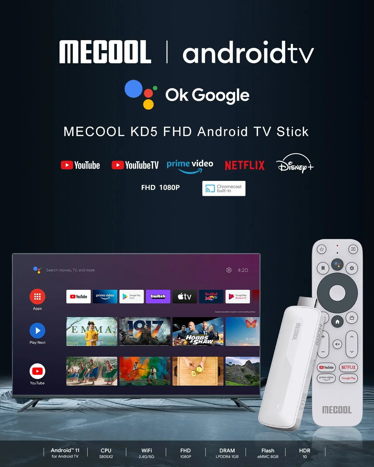 Mecool KD5 Android 11 TV Stick HDR10 Smart TV Box 1GB 8GB WiFi 2.4G 5G Mini Streaming Media Player