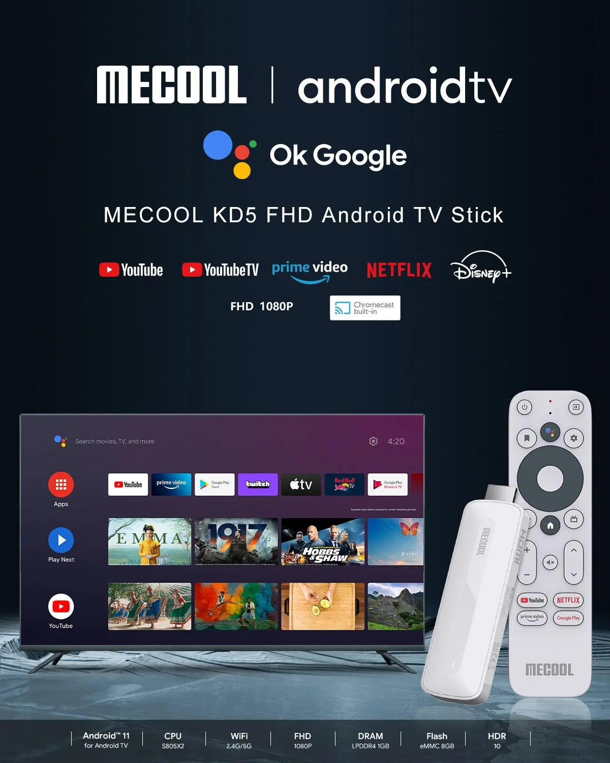 TV Stick Android - KD3 Android TV Stick with Google Netflix Certified,  Dol-by Audio 4K Streaming Stick with 2GB RAM and 8GB ROM Supported 2.4G/5G  WiFi