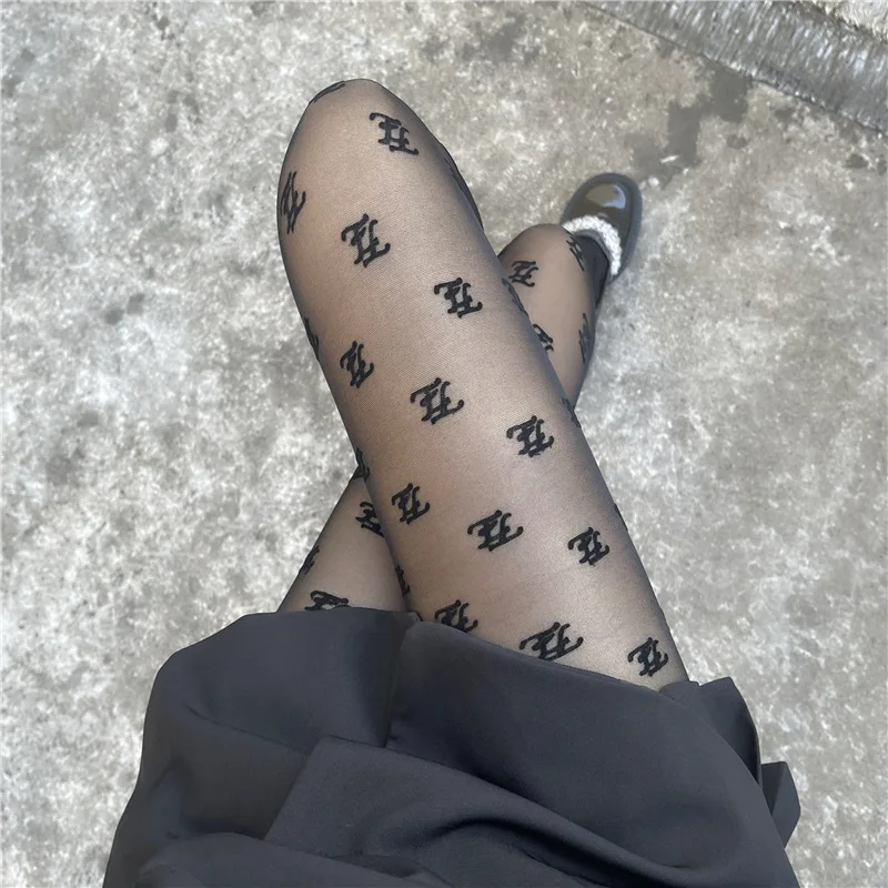 

Fashion Alphabet Print Flocking Ladies Pantyhose Sexy Black Silk Hoses High Quality Comfortable Velvet Lolita Spice Nylon Tights