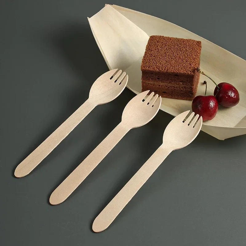 Disposable Wooden Spoon Set Wooden Knife Fork Cake Dessert Spoon Fruit Fork Ice Cream Biodegradable Commercial Tableware