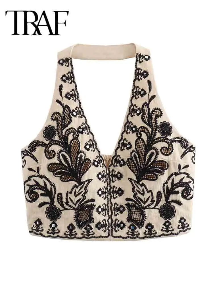 TRAF Embroidered Mini Skirts Sets For Women 2 Pieces 2024 New Fashion Halter Crop Top Women Suit Two Piece Set Women Outfit