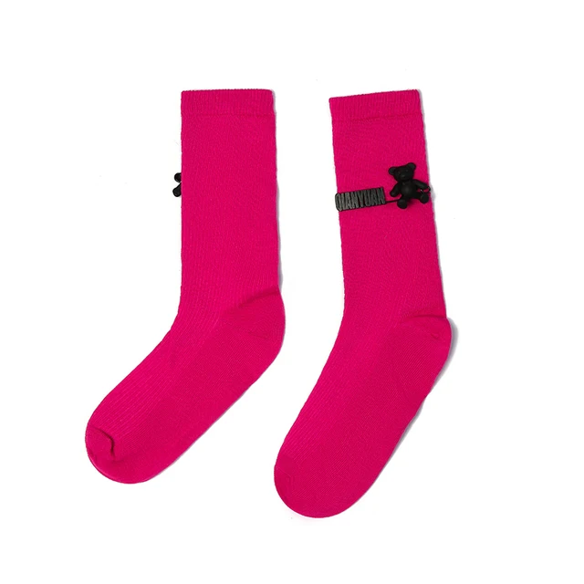 Black and White Pure Color Tube Socks Female Pin Bear Lovely Personality Tide Socks INS Korean Students Long Tube Cotton Socks 20