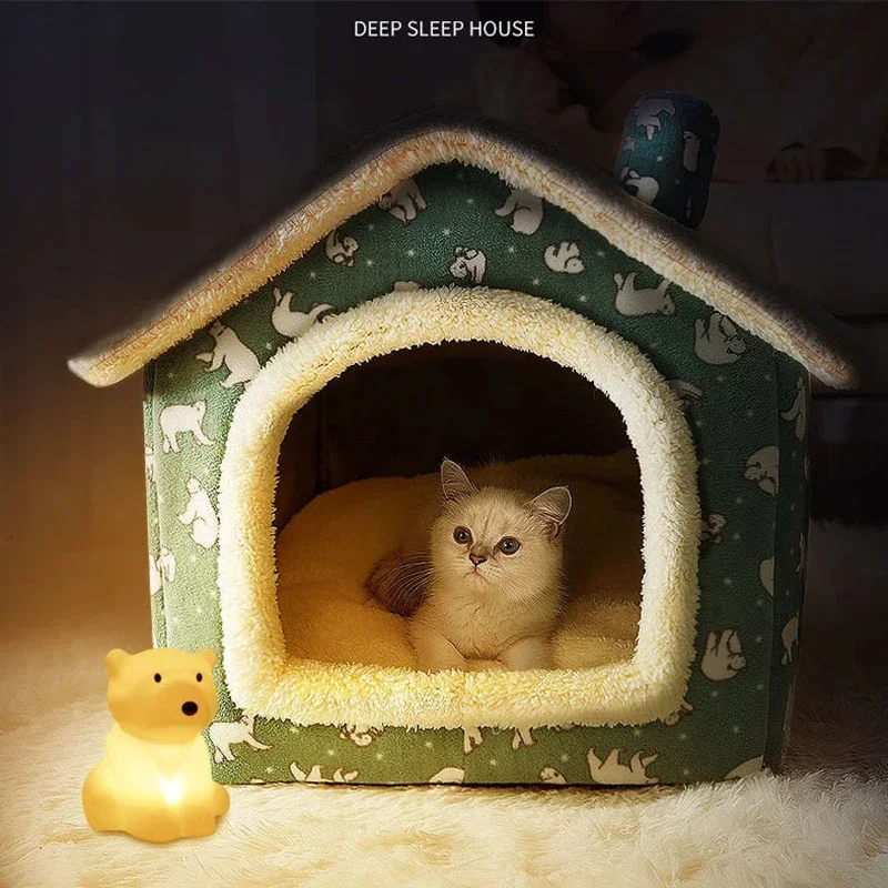 Folding Dog House Winter Fully Enclosed Warm Cat Sleeping Bed Can Be Removed and Washed Super Soft Portable Pet Dog House