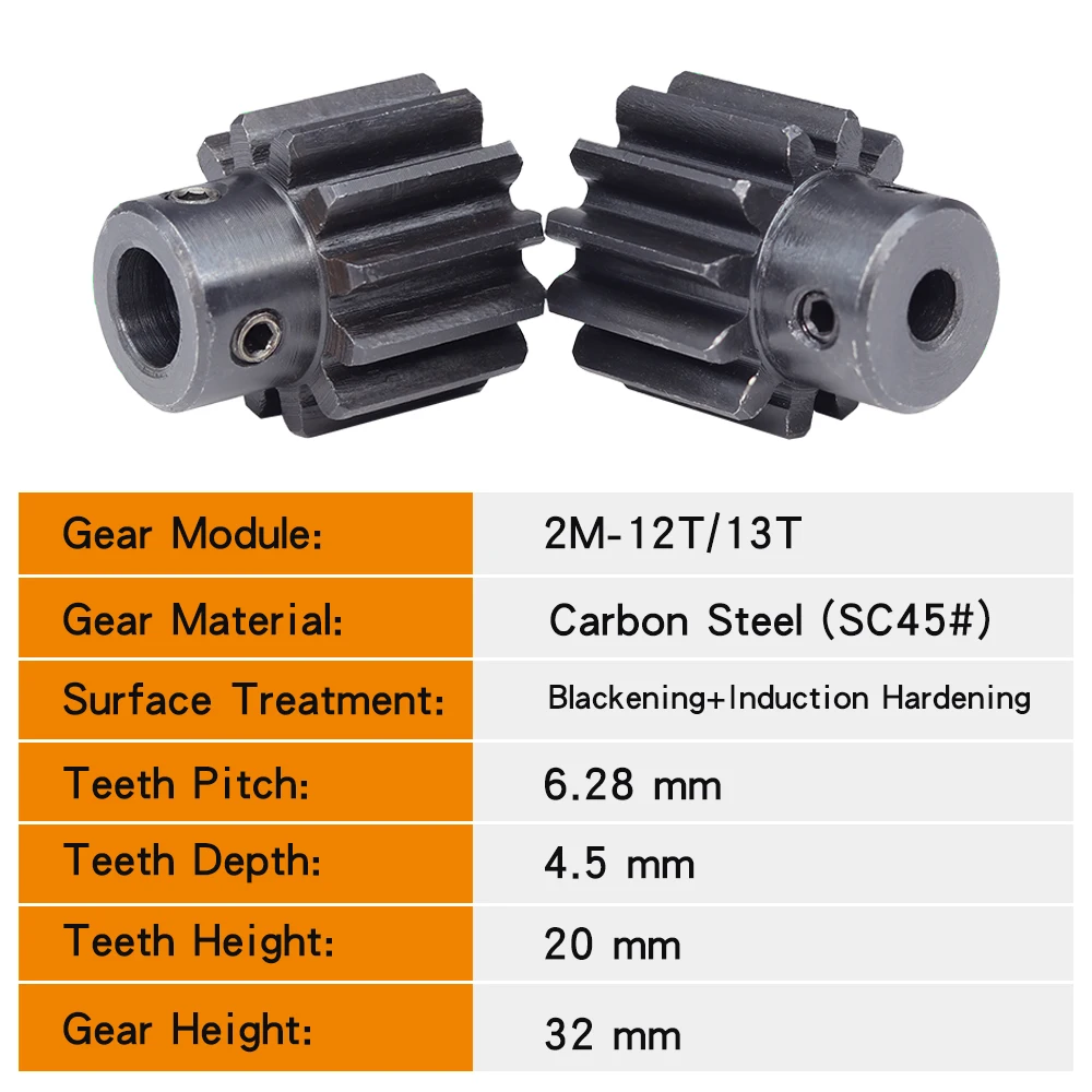스퍼 기어 2 모듈-12T/13T 보어 크기 6/8/10mm 변속기 기어 흑화 SC45 탄소강 재질 치아 높이 20mm