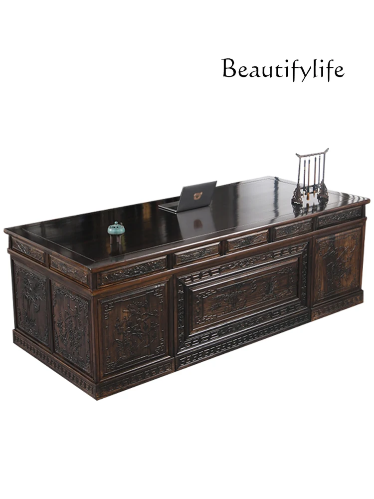 

Simple Retro Combined Bookcase Chinese Style Desk Redwood-like President Solid Wood Desk