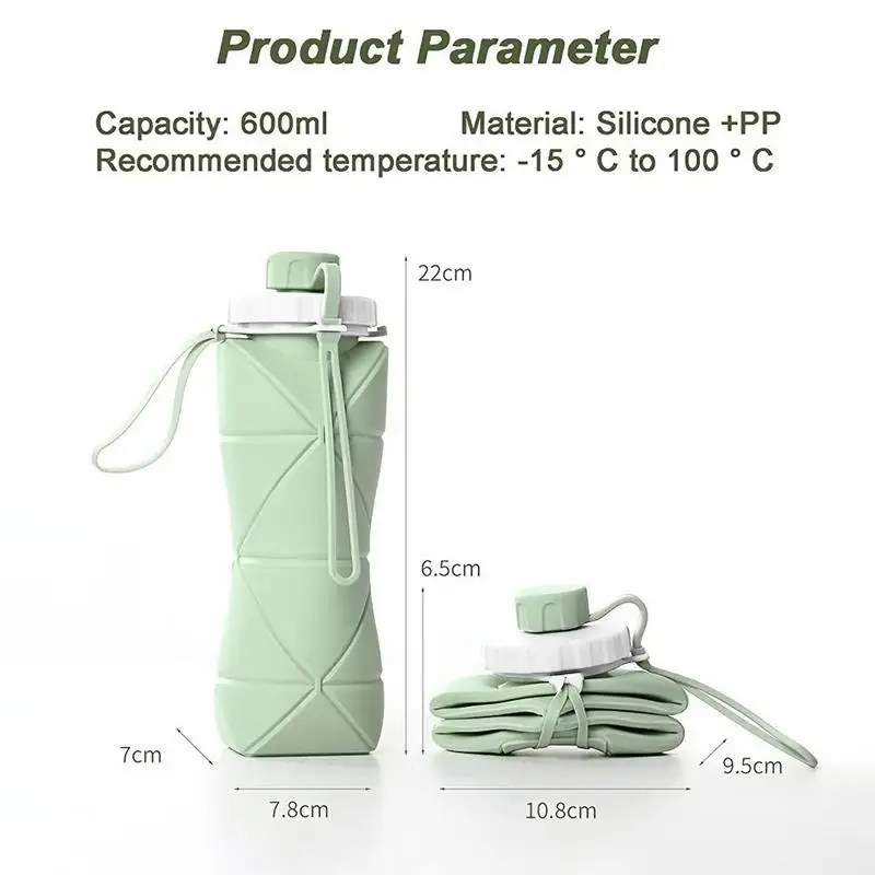 Eco-Friendly Foldable Silicone Water Bottle - 600ML, Leak-Proof and Reusable