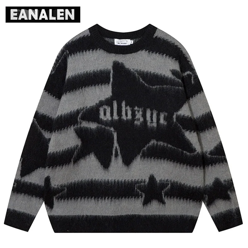 

Harajuku Striped Stars Knitted Sweater Men's Winter Gothic Punk Vintage Oversized Warm Pullover Grandpa Ugly Sweater Women's Y2K