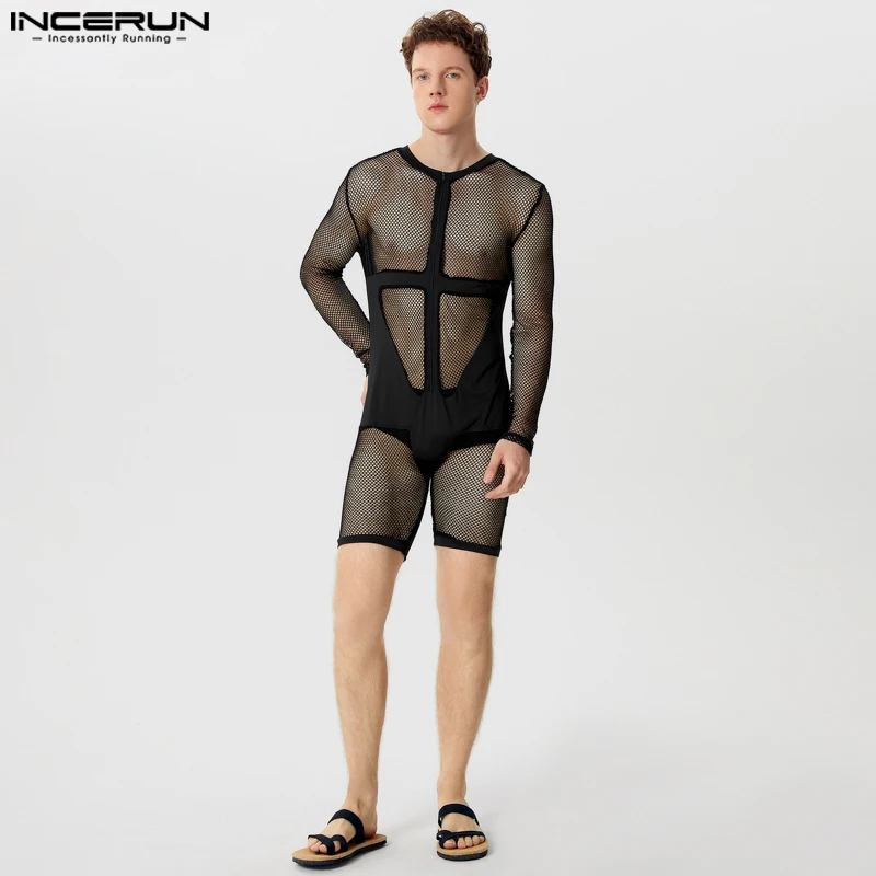 Men Bodysuits Mesh Patchwork Transparent O-neck Long Sleeve Male Rompers Skinny Fashion Bodysuit Men S-3XL