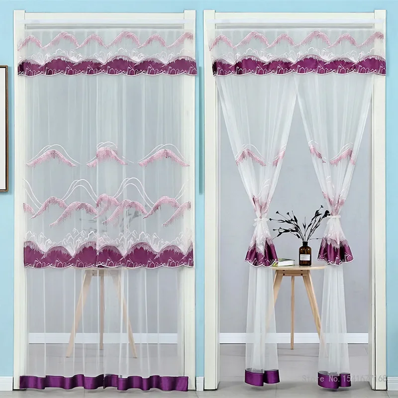 Punch-free Mosquito Screen Curtain Door Curtain, Breathable Bedroom Partition Curtain Double Layer Lace Embroidered Door Curtain