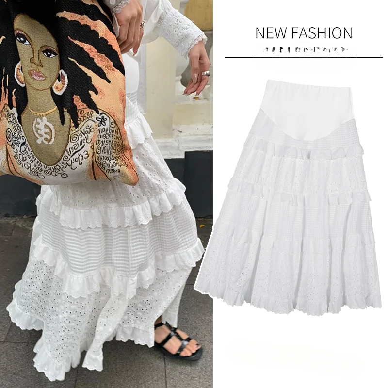 Autumn Maternity Sweet Cake Skirts Fashion Ruffles Patchwork Embroidery Pregnant Woman Cake Skirt Long Pregnancy Party Clothes
