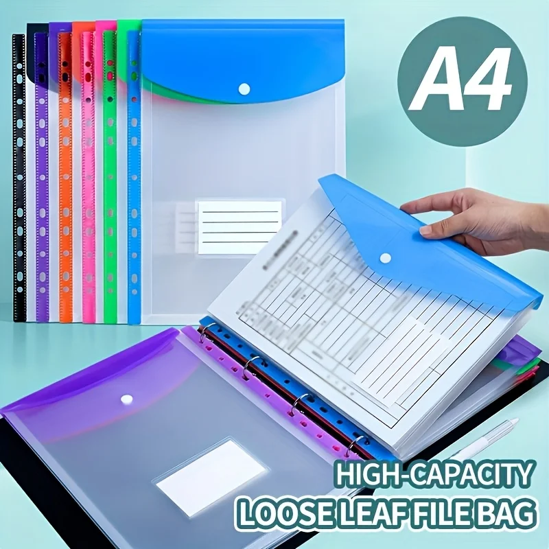 6pcs A4 High-Capacity Loose-Leaf File Bags with 11-Hole Binding Rings,Expandable Button and Label Pockets,Suitable for School
