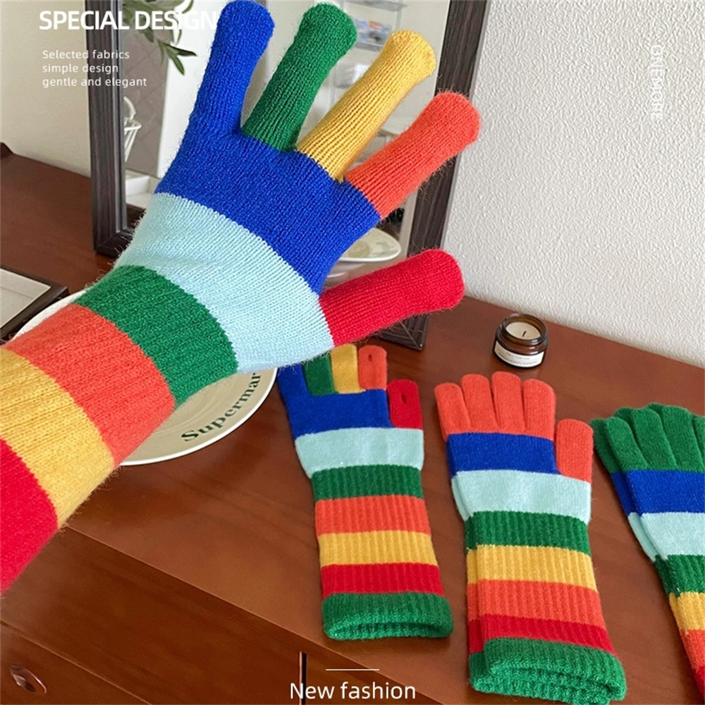 

Female Rainbow Striped Knitted Gloves Winter Warmer Windproof Full Fingers Mittens Fingertip Open Aperture Clothing Accessories