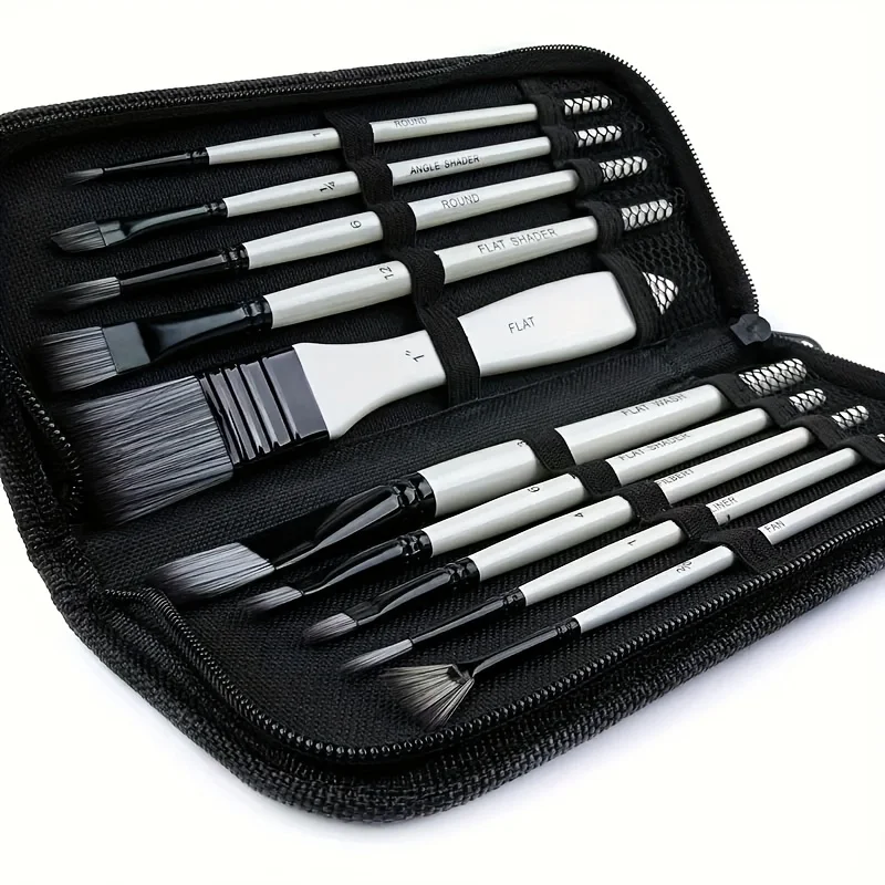 Set Di 10 Pennelli Da Pittura Professionali Con Custodia Portatile | Nylon Antigoccia, Manici In Legno | Per Acrilico, Olio, Acquerello - 5