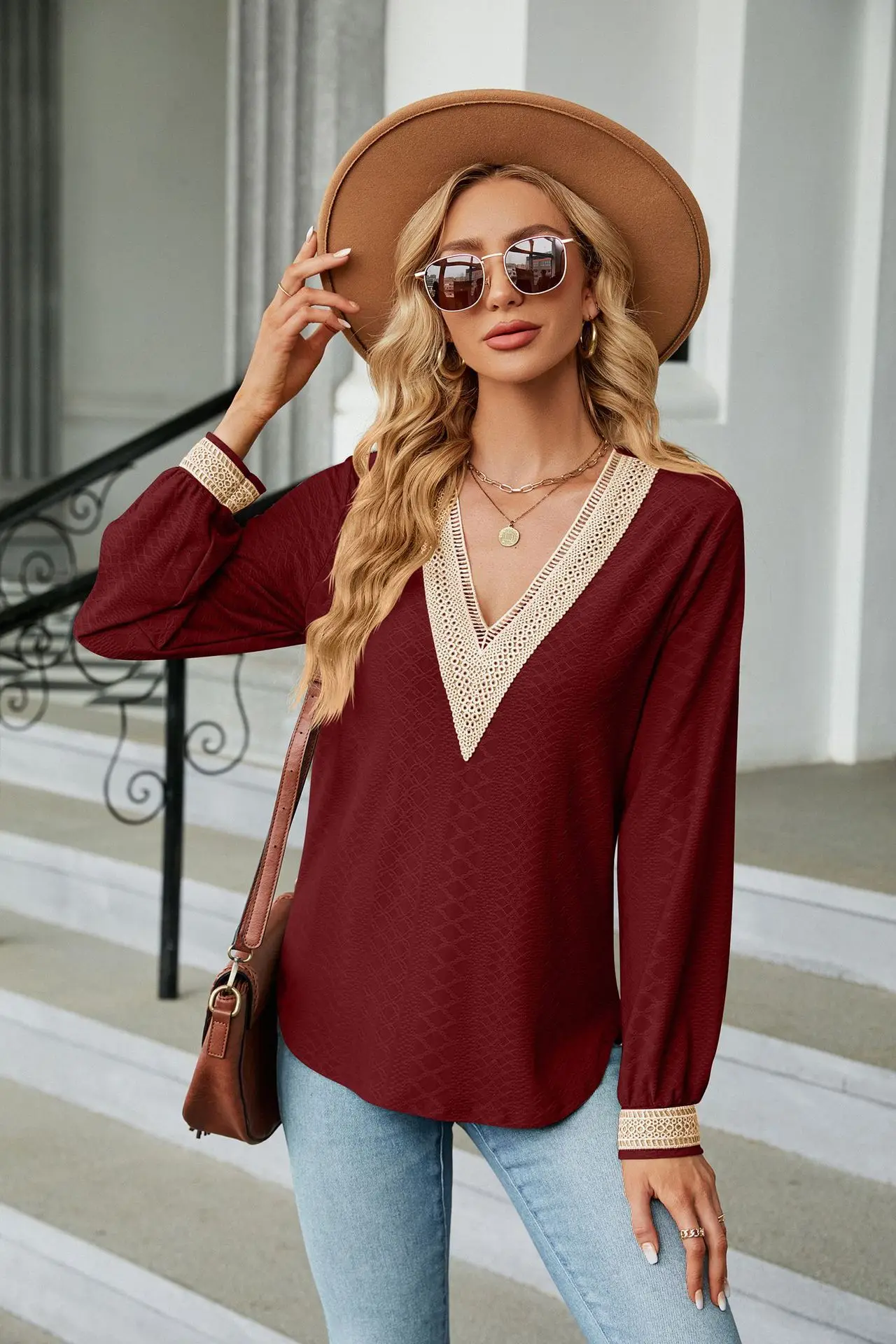 

Women's V-neck Patchwork Lace Tops Women's Loose Long Sleeve Blouse Solid Jacquard Top Autumn Fashion Streetwear Blusa 2023