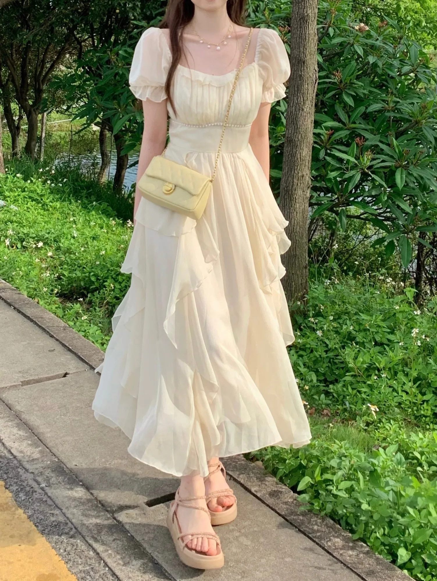 Summer Chiffon Fairy Dress Women Solid Elegant Party Midi