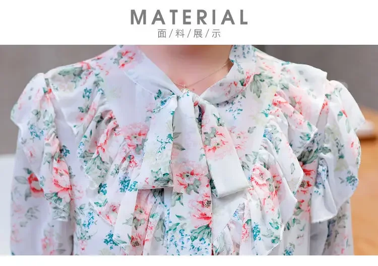 Sommer-Chiffon-Blumenhemd für Damen mit Rüschen-Schnür-Schleifen-Halskette, modisches Retro-Loose-Sonnenschutz-Oberteil – Detail 8