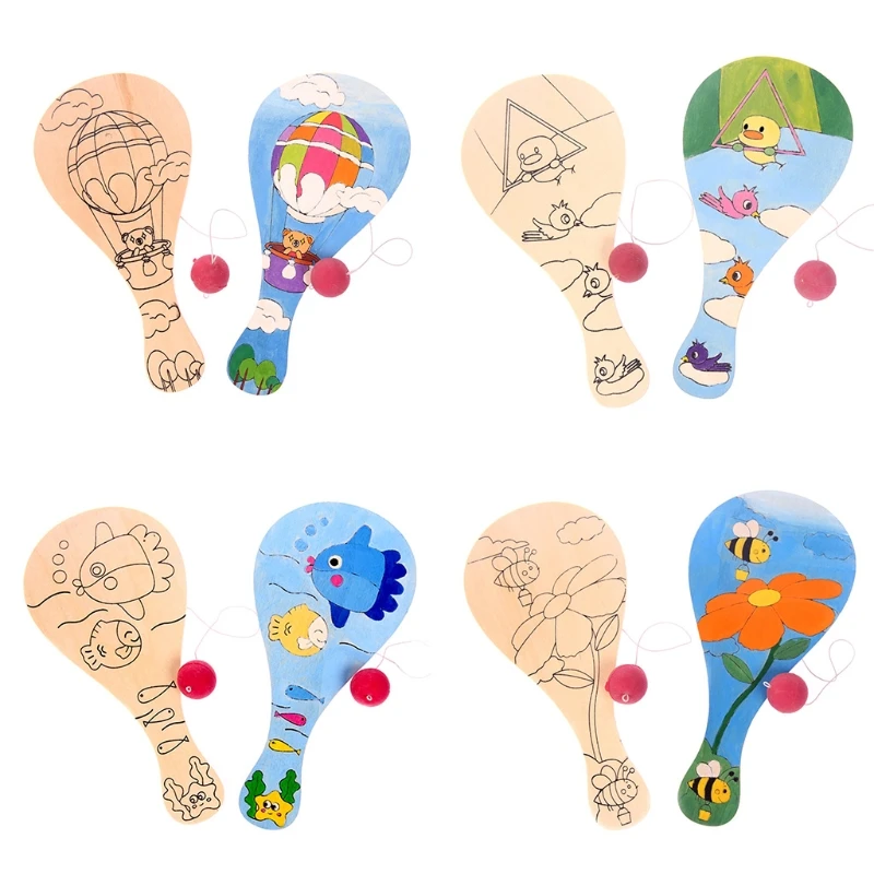 

Cartoon DIY Racket for w/ Soft Rubber Ball Great Polished Painting Toy for Toddl
