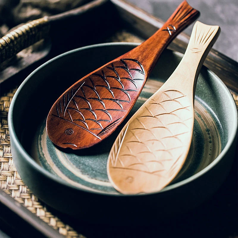 Retro Japanese Creative Fish Shape Wooden Rice Spoon Scoop Non-stick Kitchen Cooking Utensils wooden cooking spoon cooking scoop