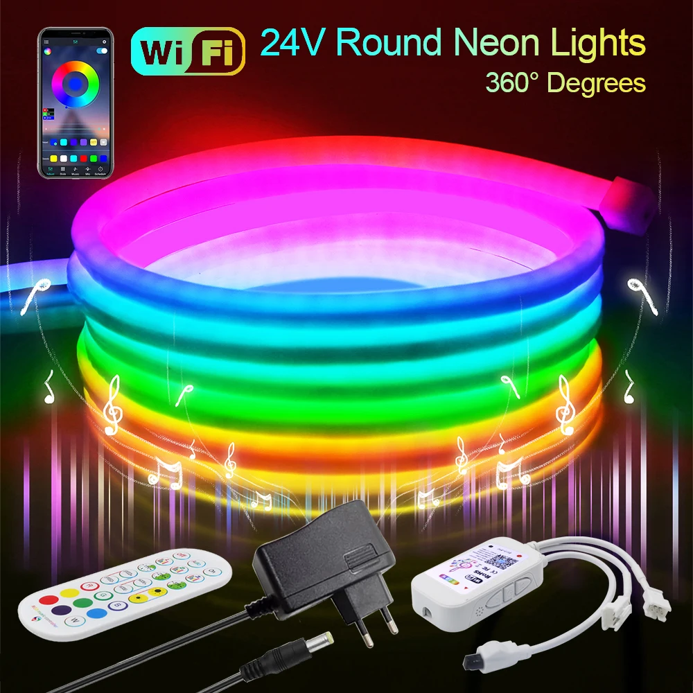 

WS2811 Dream Color Neon Light DC 24V WiFi Bluetooth Waterproof RGB 360 Degree Lighting Flexible Ribbon Tape Rope LED Strip Set